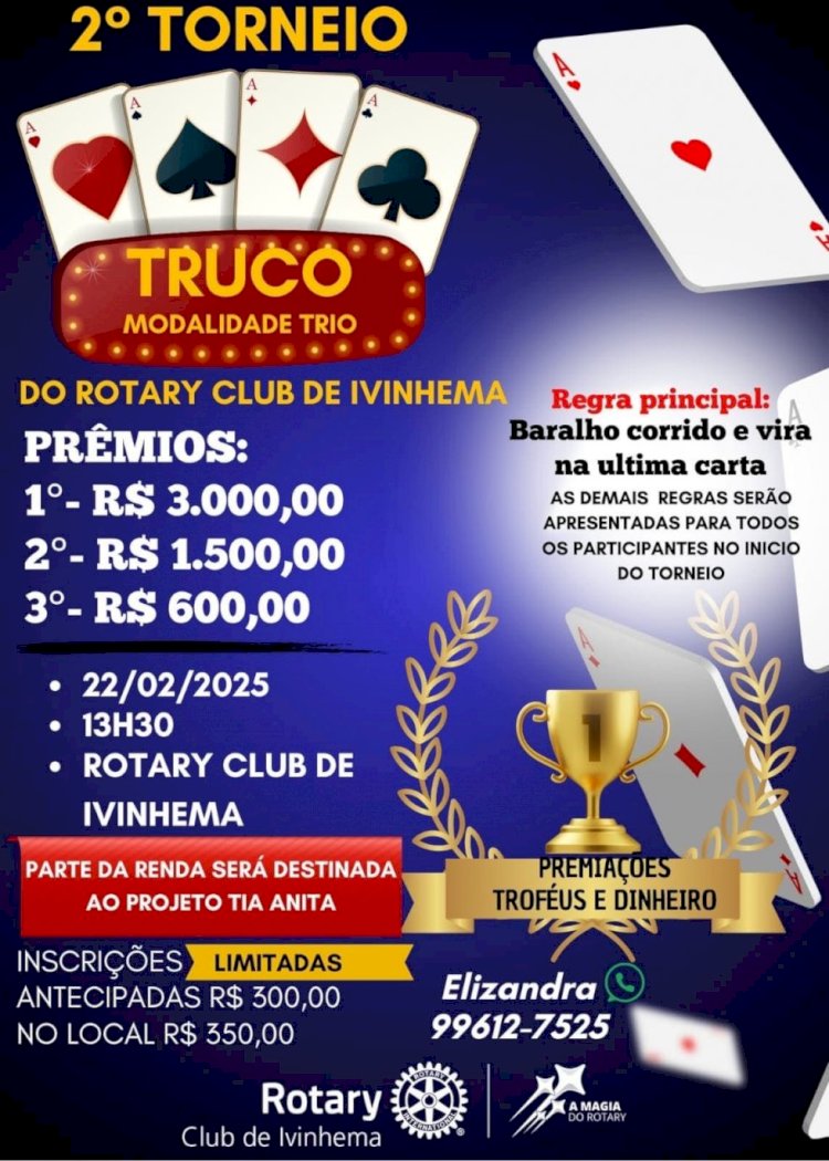 Rotary Club de Ivinhema promove 2° Torneio de Truco em fevereiro